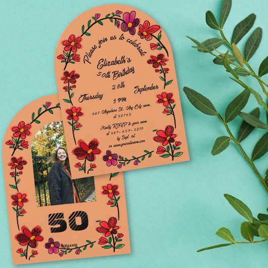 Orange 50th birthday Party Whimsical Doodle Flower 招待状