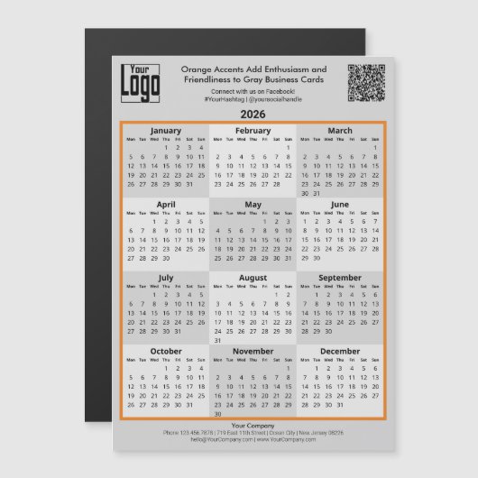 Orange Accents & Logo Gray 2026 Calendar Magnet (正面/裏面)