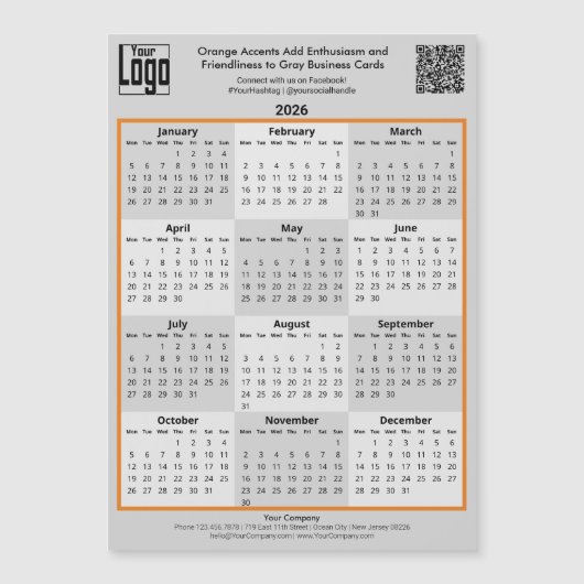 Orange Accents & Logo Gray 2026 Calendar Magnet (正面)