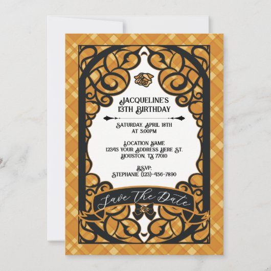 Orange and Black Gated Rose Princess Birthday  招待状 (正面)