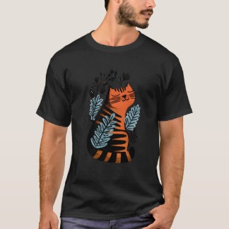 Orange and Black Striped Cat with Floral Design Tシャツ