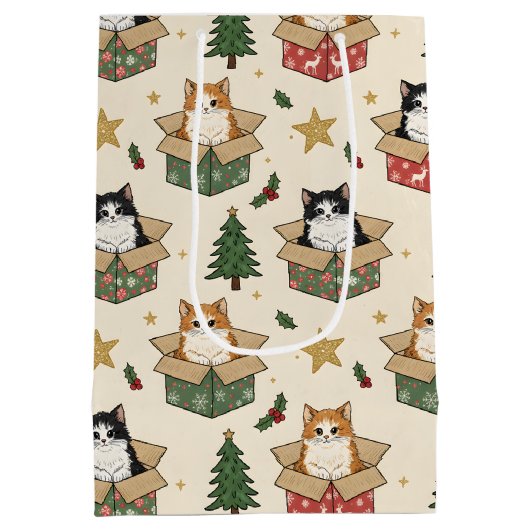 Orange and Black & White Kittens Christmas Pattern ミディアムペーパーバッグ (裏面)