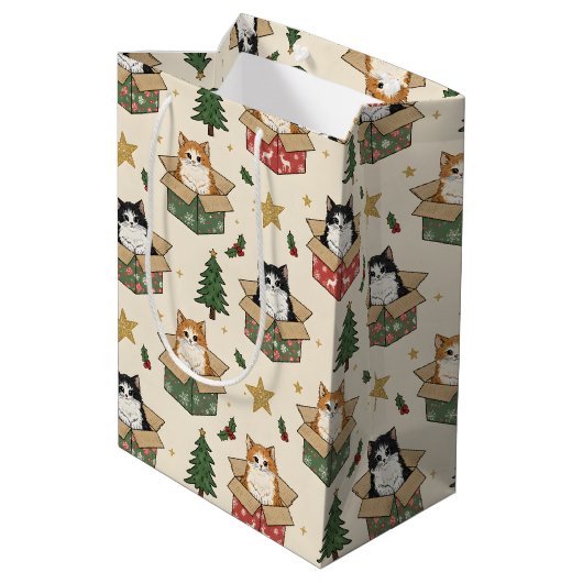 Orange and Black & White Kittens Christmas Pattern ミディアムペーパーバッグ (裏面アングル)