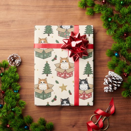 Orange and Black & White Kittens Christmas Pattern ラッピングペーパー (クリスマスギフト)