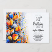 Orange and Blue Floral 16th Birthday Party 招待状 (正面)