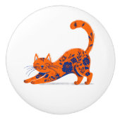 Orange and Blue Floral Cat Door Pull セラミックノブ (正面)