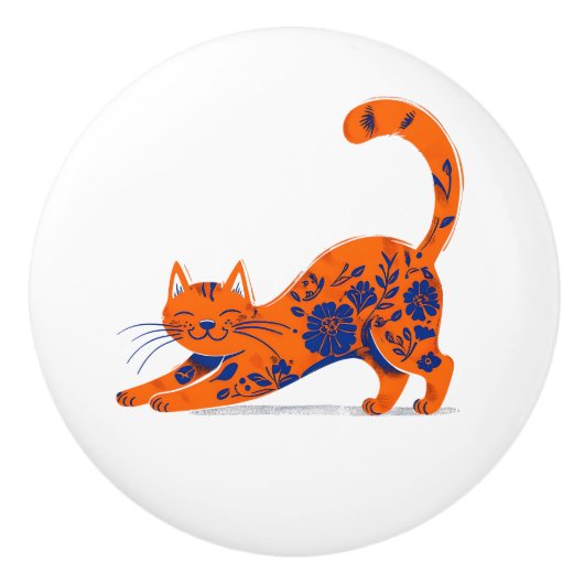 Orange and Blue Floral Cat Door Pull セラミックノブ (正面)