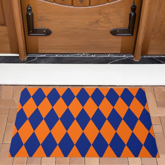 Orange and Blue Harlequin Checkered Design  ドアマット