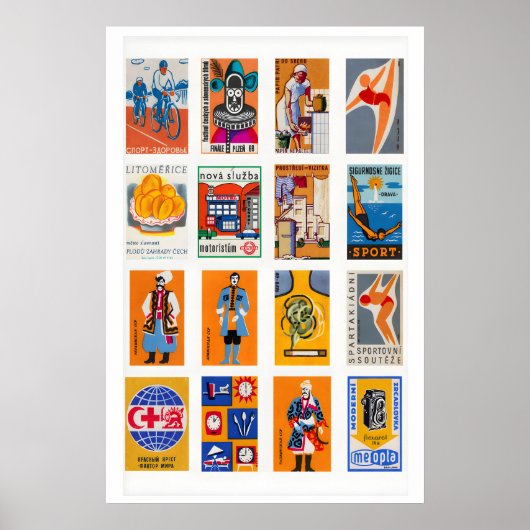 Orange and Blue Matchbox Label Collage, high ポスター (正面)