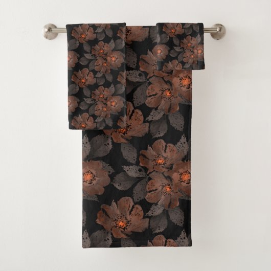 Orange and brown flowers on a black background. バスタオルセット (インサイチュ)