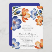 Orange and Cobalt Blue Floral Bridal Shower 招待状 (正面/裏面)