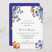 Orange and Cobalt Blue Floral Brunch & Bubbly 招待状 (正面/裏面)