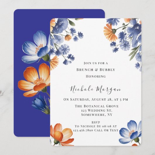 Orange and Cobalt Blue Floral Brunch & Bubbly 招待状 (正面/裏面)