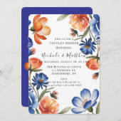 Orange and Cobalt Blue Floral Couples Shower 招待状 (正面/裏面)
