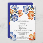 Orange and Cobalt Blue Floral Engagement Party 招待状 (正面/裏面)