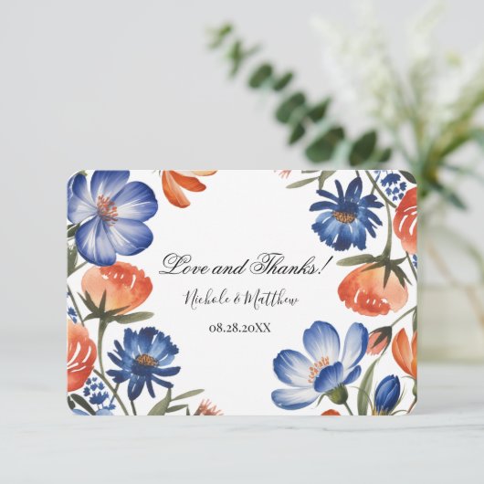 Orange and Cobalt Blue Floral Wedding サンキューカード (スタンド正面)