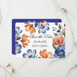Orange and Cobalt Blue Floral Wedding セーブザデート