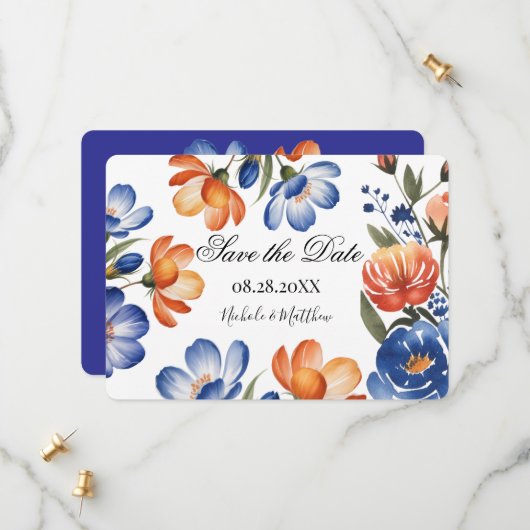 Orange and Cobalt Blue Floral Wedding セーブザデート (正面/裏面インサイチュ)