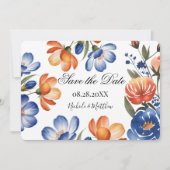 Orange and Cobalt Blue Floral Wedding セーブザデート (正面)