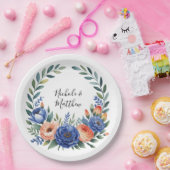 Orange and Cobalt Blue Floral Wedding ペーパープレート (パーティー)