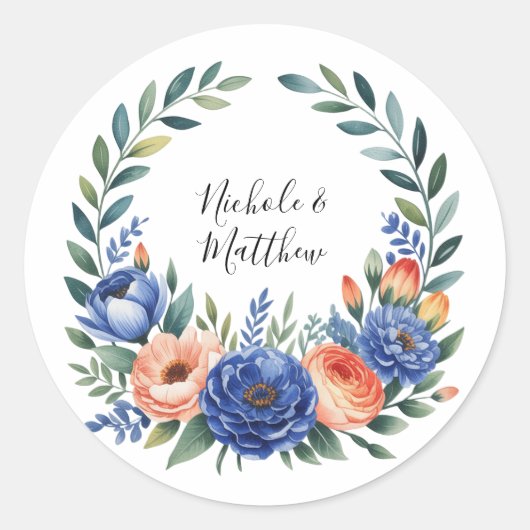 Orange and Cobalt Blue Floral Wedding ラウンドシール (正面)