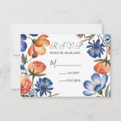 Orange and Cobalt Blue Floral Wedding 出欠カード (正面)
