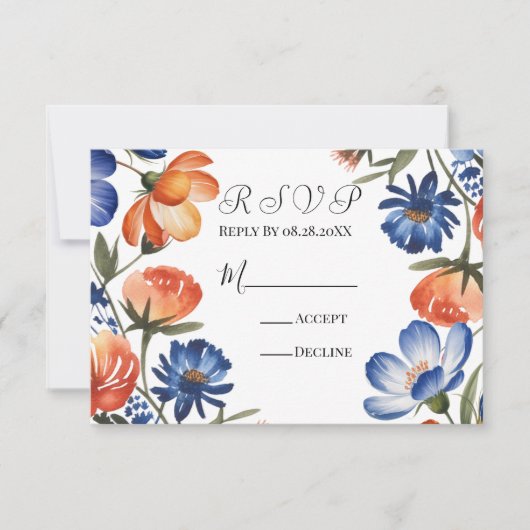 Orange and Cobalt Blue Floral Wedding 出欠カード (正面)