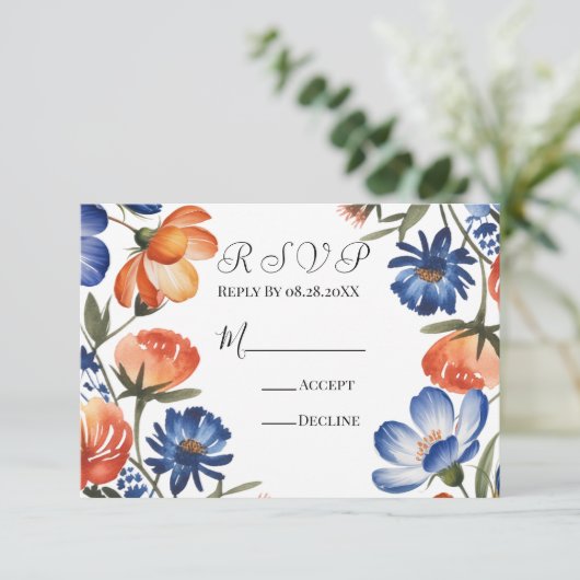 Orange and Cobalt Blue Floral Wedding 出欠カード (スタンド正面)