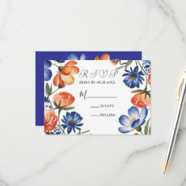 Orange and Cobalt Blue Floral Wedding 出欠カード