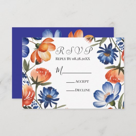 Orange and Cobalt Blue Floral Wedding 出欠カード (正面/裏面)