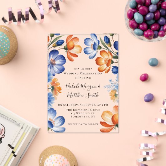 Orange and Cobalt Blue Floral Wedding Celebration アクリル招待状 (インサイチュ (お祝い))