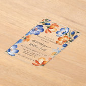 Orange and Cobalt Blue Floral Wedding Celebration アクリル招待状 (レイダウン)