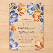 Orange and Cobalt Blue Floral Wedding Celebration アクリル招待状 (正面)