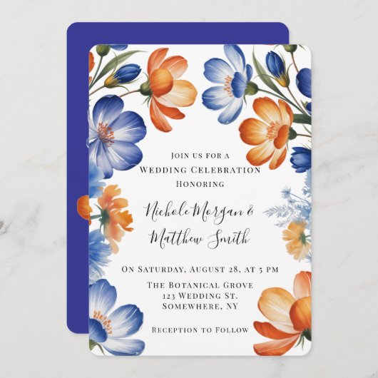 Orange and Cobalt Blue Floral Wedding Celebration 招待状 (正面/裏面)