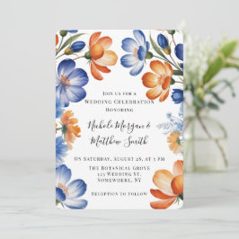 Orange and Cobalt Blue Floral Wedding Celebration 招待状