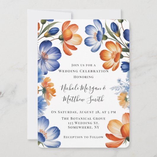 Orange and Cobalt Blue Floral Wedding Celebration 招待状 (正面)