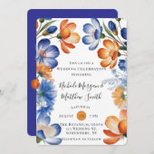 Orange and Cobalt Blue Floral Wedding Celebration 招待状 (正面/裏面)