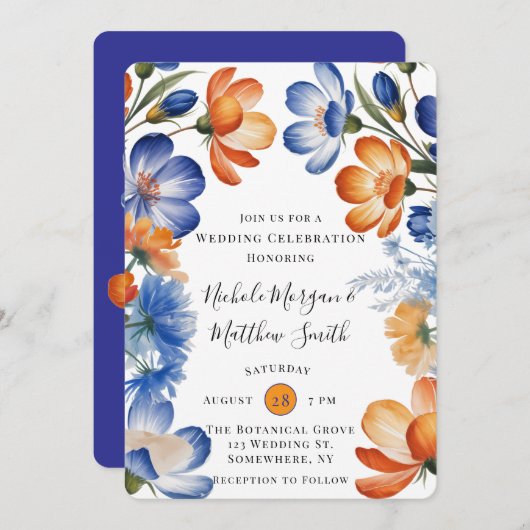 Orange and Cobalt Blue Floral Wedding Celebration 招待状 (正面/裏面)