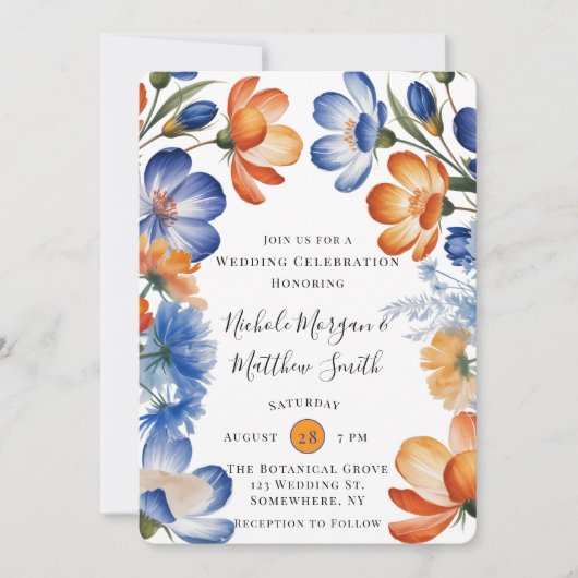 Orange and Cobalt Blue Floral Wedding Celebration 招待状 (正面)