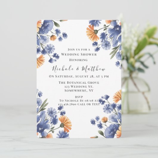 Orange and Cobalt Blue Floral Wedding Shower 招待状 (スタンド正面)