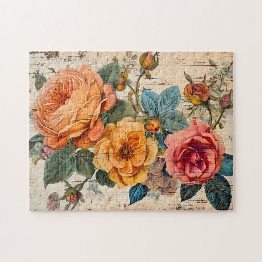 Orange and Pink Roses on Rustic Wood ジグソーパズル (横)