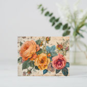 Orange and Pink Roses on Rustic Wood ポストカード (スタンド正面)