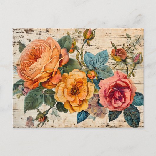 Orange and Pink Roses on Rustic Wood ポストカード (正面)