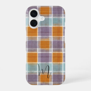 Orange and Purple Plaid Pattern Monogram iPhone 16ケース