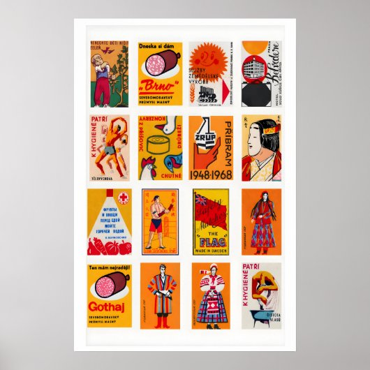 Orange and Red Matchbox Label Collage, warm ポスター (正面)