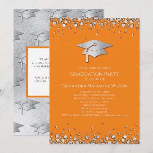 Orange and Silver Graduation 招待状 (正面/裏面)