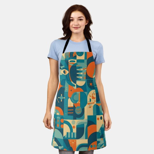 Orange and Teal Geometric Abstract エプロン (着用した状態)