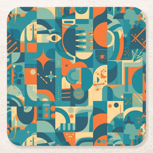 Orange and Teal Geometric Abstract スクエアペーパーコースター (正面)