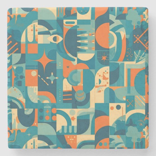 Orange and Teal Geometric Abstract ストーンコースター (正面)