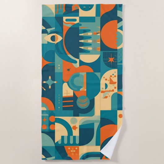 Orange and Teal Geometric Abstract ビーチタオル (正面)